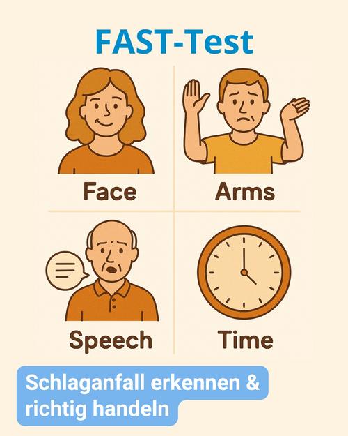 Ein tanfarbener Poster präsentiert das Akronym FAST in großen, fetten, blauen Sans-Serif-Buchstaben an der Spitze. Darunter folgt das Wort "Test" im gleichen Stil.  Der Poster ist in vier Quadranten unterteilt, wobei jeder Abschnitt eine Illustration und ein Wort enthält. Das obere linke Feld zeigt eine Cartoon-Frau mit rötlich-braunem Haar, die ein pfirsichfarbenes Shirt trägt. Unter der Illustration steht das Wort "FACE".  Der obere rechte Quadrant stellt einen Cartoon-Mann mit braunem Haar dar, der seinen rechten Arm hebt und den linken Arm leicht nach außen streckt. Unter dem Bild befindet sich das Wort "ARM".  Im unteren linken Quadranten ist ein Cartoon eines älteren Mannes mit grauem Haar zu sehen, der ein pfirsichfarbenes Polo-Shirt trägt und leicht besorgt aussieht. Neben ihm schwebt ein kleines Sprechblasen-Symbol mit drei horizontalen Linien. Darunter prangt das Wort "SPEECH".  Der untere rechte Quadrant zeigt eine schlichte Cartoon-Uhr mit orangefarbenen Zeigern und Ziffernblatt. Darunter steht das Wort "TIME".  Am unteren Rand des Posters ist in einem hellblauen rechteckigen Feld der deutsche Satz "Schlaganfall erkennen & richtig handeln" zu lesen.