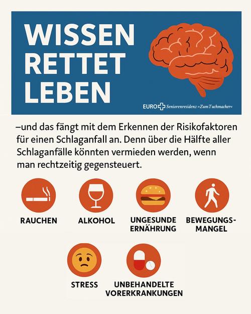 Infografik in Orange und Blau: 'WISSEN RETTET LEBEN' mit Gehirn-Symbol. Darunter Risikofaktoren für Schlaganfall mit Icons und Text: Rauchen, Alkohol, ungesunde Ernährung, Bewegungsmangel, Stress, unbehandelte Vorerkrankungen